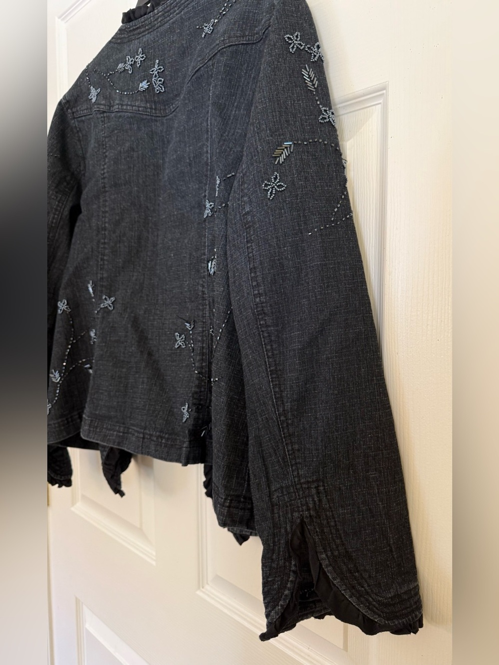 Acorn Beaded Denim Jacket XL Black Ruffle Boho Asymmetrical